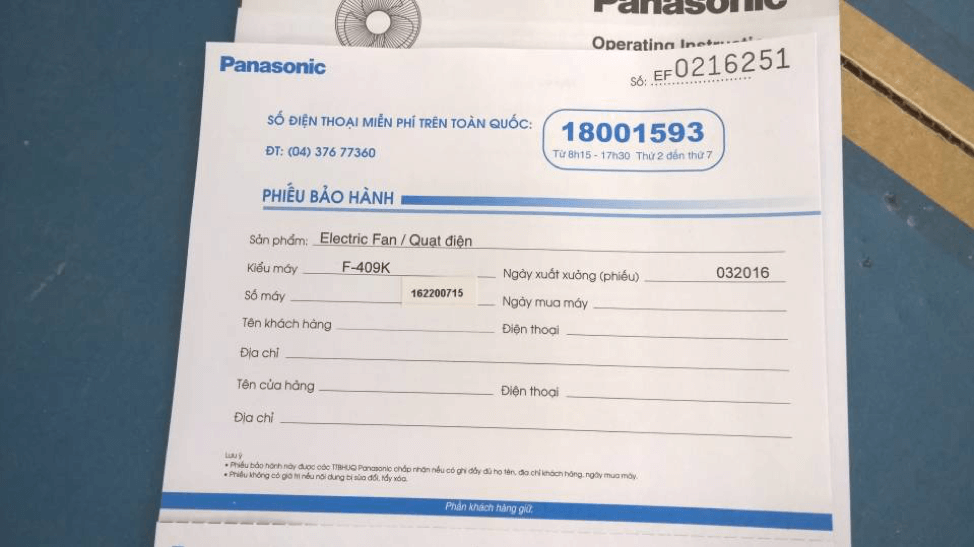 Mẫu phiếu bảo hành chính hãng của Panasonic